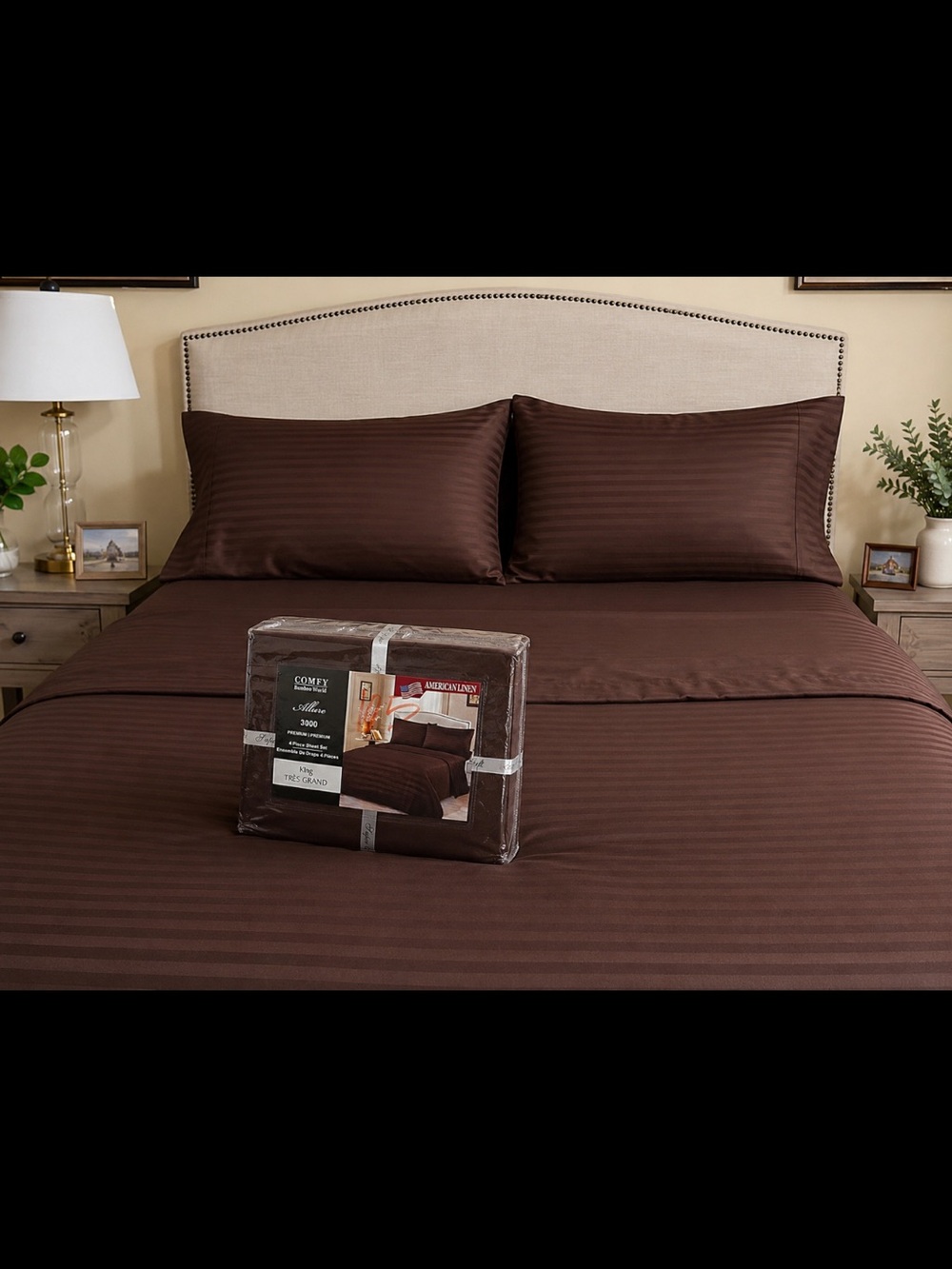Allure 3000 Premium King Sheet Set Brown Bamboo Blend Cooling Deep Pocket